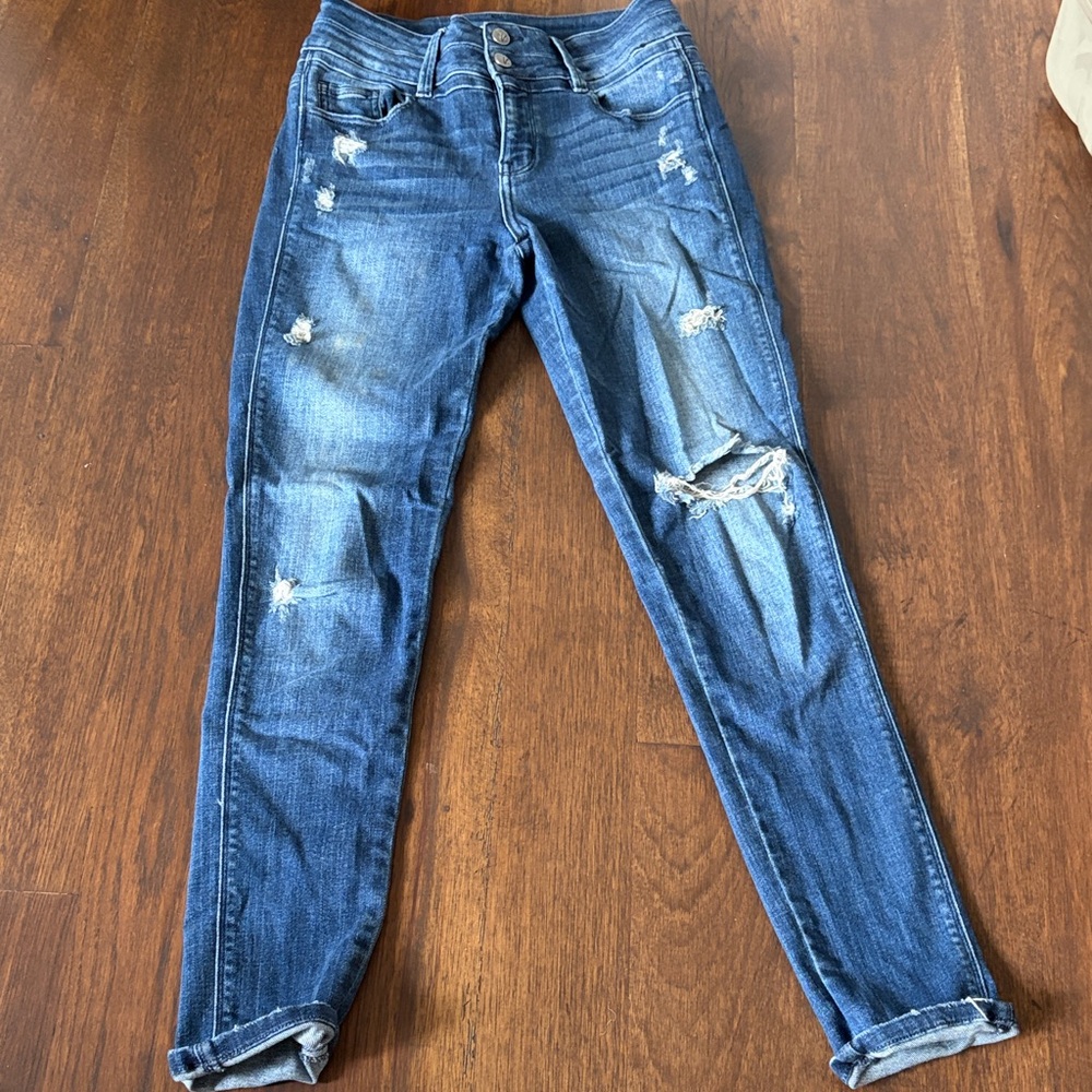 KanCan Women's High Waisted Skinny Distressed Dark Blue Jeans